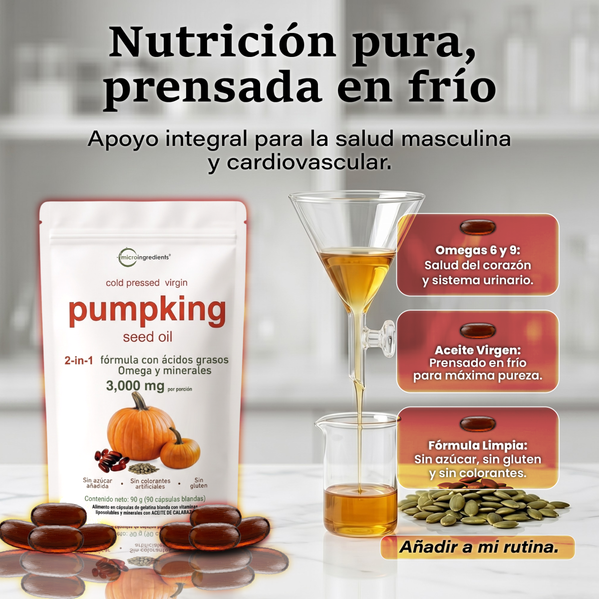 Aceite de Semilla de Calabaza + Oliva | Omega, Minerales y Equilibrio Hormonal — 90 Cápsulas