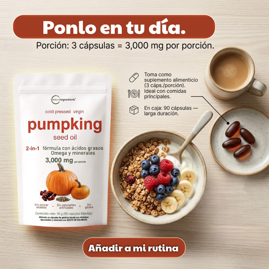 Aceite de Semilla de Calabaza + Oliva | Omega, Minerales y Equilibrio Hormonal — 90 Cápsulas