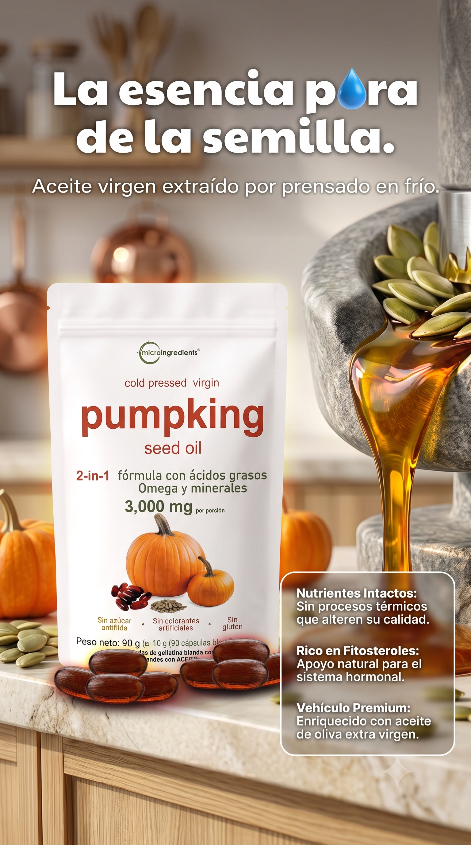 Aceite de Semilla de Calabaza + Oliva | Omega, Minerales y Equilibrio Hormonal — 90 Cápsulas