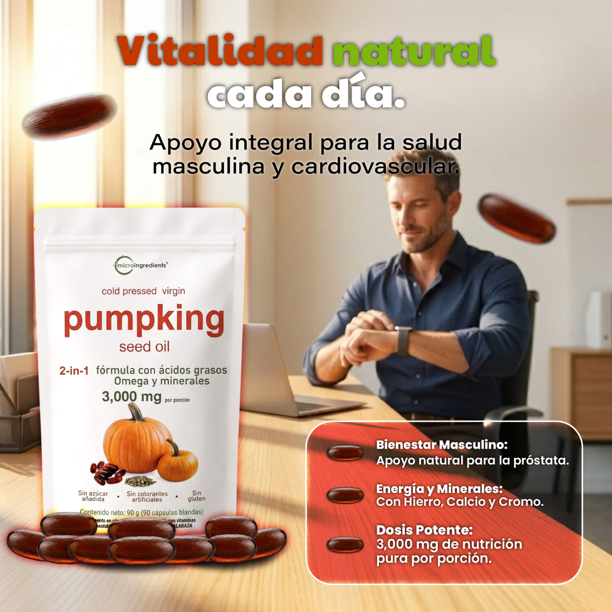 Aceite de Semilla de Calabaza + Oliva | Omega, Minerales y Equilibrio Hormonal — 90 Cápsulas