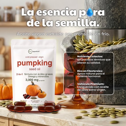 Aceite de Semilla de Calabaza + Oliva | Omega, Minerales y Equilibrio Hormonal — 90 Cápsulas